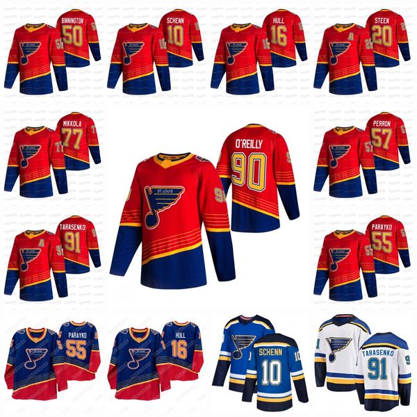 

90 ryan o'reilly st. louis blues 2021 reverse retro jersey vladimir tarasenko brett hull binnington brayden schenn jaden schwartz, Black;red