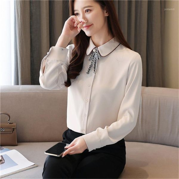 

korea female blouses shirts spring slim office blouse shirts bow tie chiffon bottoming women blusas shirt1, White