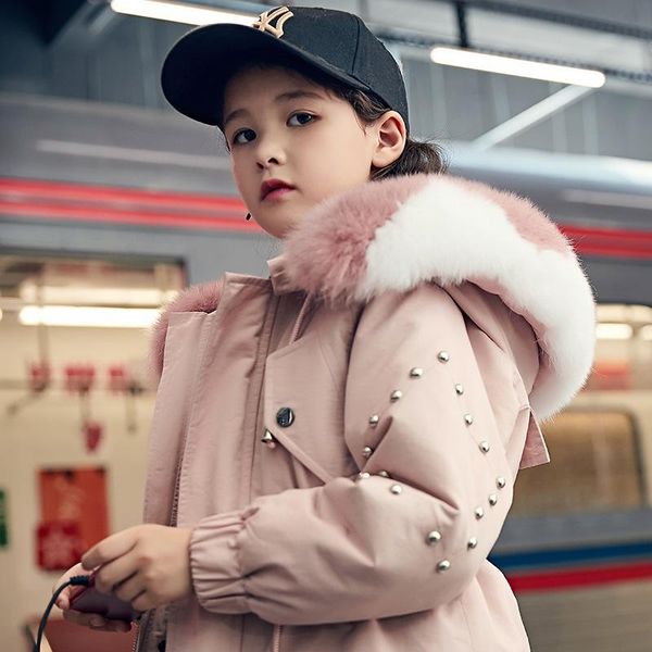 

women's fur & faux girls' parka 2021 arrival parker children's collar mid-length leather coat clothing warm trendy, Black