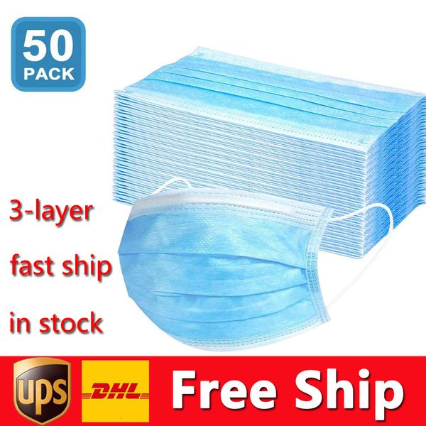 

dhl disposable 50pcs protection and personal health mask 3-layer facial cover with earloop mouth face sanitary masks