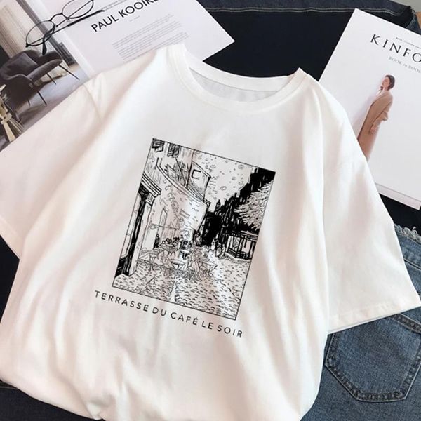 

harajuku fun black and white drawing van gogh printing short-sleeved t-shirt chic large size loose o-neck casual female t-shirt