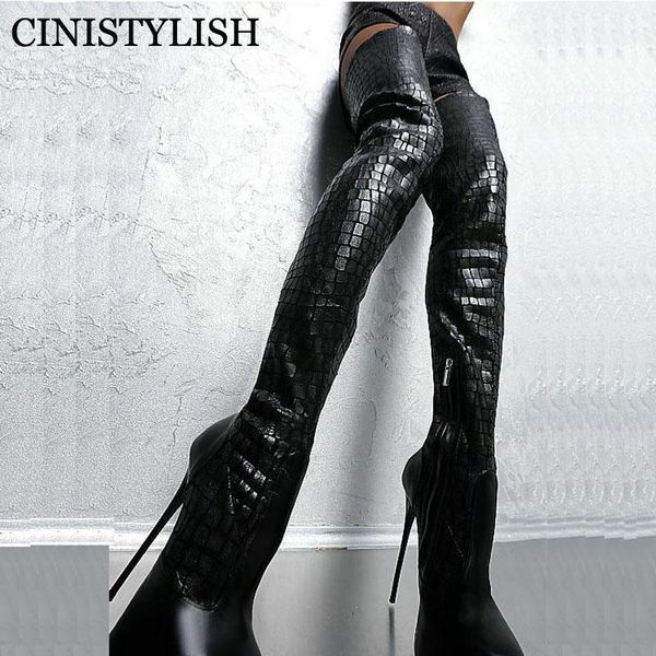 

over the knee boots nightclub stripper fashion platform round toe motorcycle leather long boots women thigh high heel shoes 20211, Black