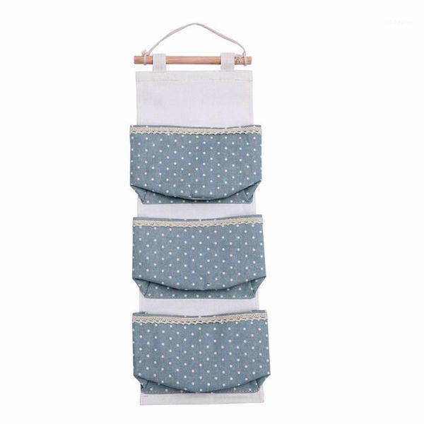 

storage boxes & bins blue little three pockets one-piece cotton and linen hanging bag sundries finishing wall door decorative hanging1