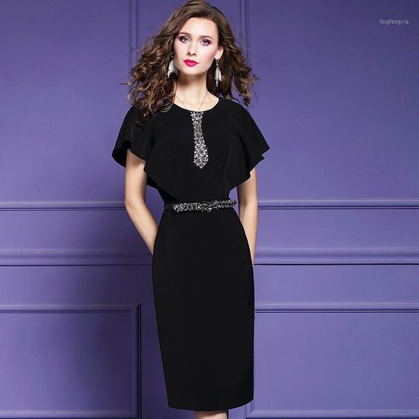 

runway 2020 new summer women nail bead party dress plus size 3xl vintage ladies short sleeve dresses work package hip dress1, Black;gray