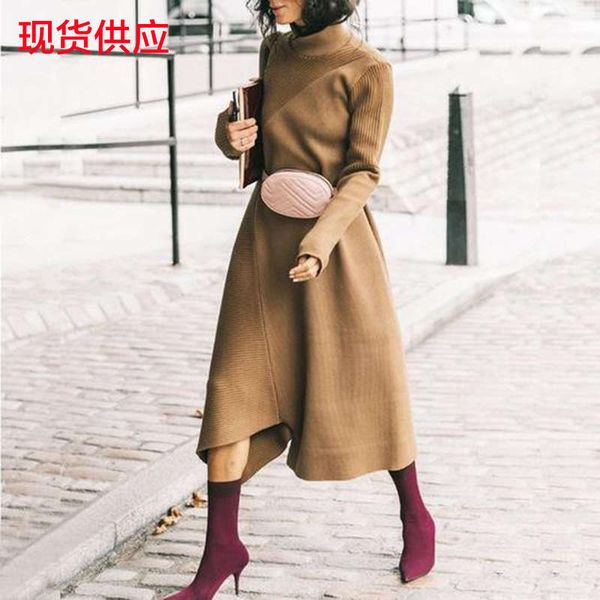 

women's autumn and winter new fashion high collar irregular sweater dress, Black;gray