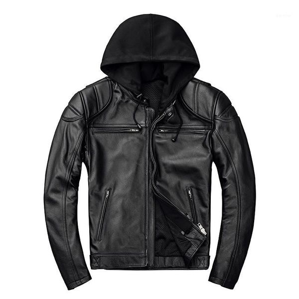 

2020 black men hood american motorcycle leather jacket plus size xxxxl genuine cowhide autumn biker's leather coat