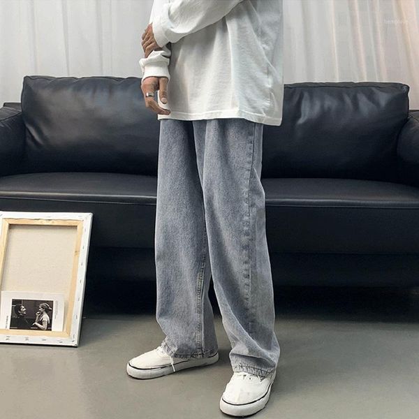 

wide leg jeans men's straight loose pants hong kong style fashion versatile retro drape pants1, Blue