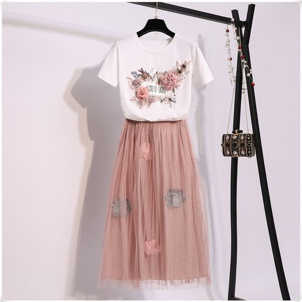 

summer women set flower print embroidery short-sleeved cotton t-shirt + floral appliques mesh skirt two-piece sets t200325, White