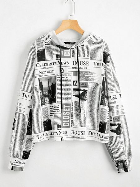 

newspaper print hoodie f5z1#, White;black