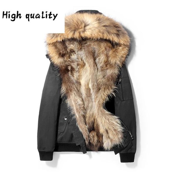 

parka coat real short winter jacket for men natural raccoon fur collar warm luxury coats abrigo hombre m19c0544, Black
