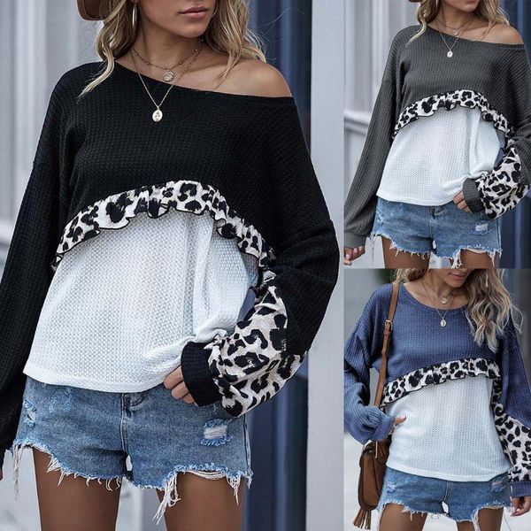 

women's sweaters leopard print clothes women fashion o-neck loose splicing long sleeves knitting korean style thin casual sweater, White;black