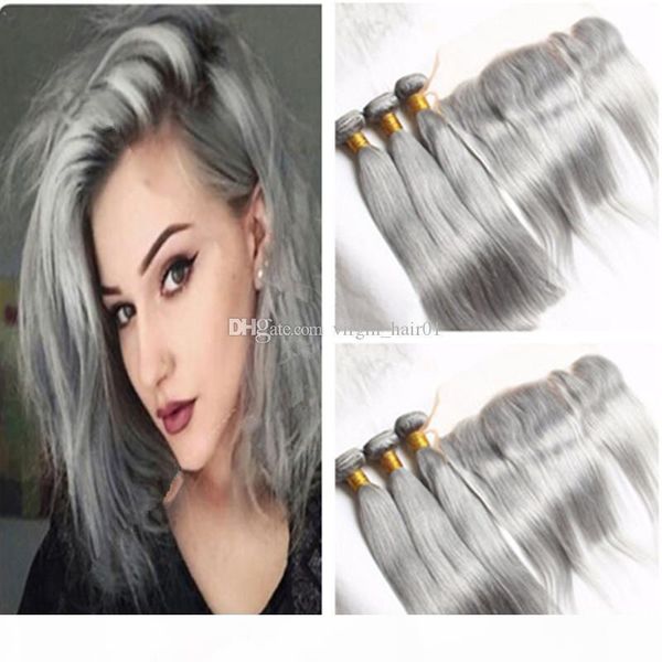 

pure color silver grey brazilian straight hair weaves 3 gray bundles with 13x4 lace frontal silk straight pure grey frontal with bundles, Black;brown