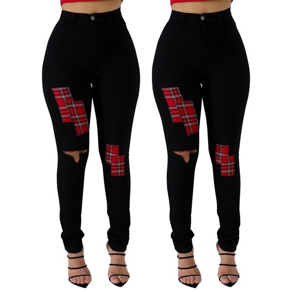 

women black jeans patch holes high waist skinny pencil jeans girls denim pants autumn winter new arrivals lj201127, Blue