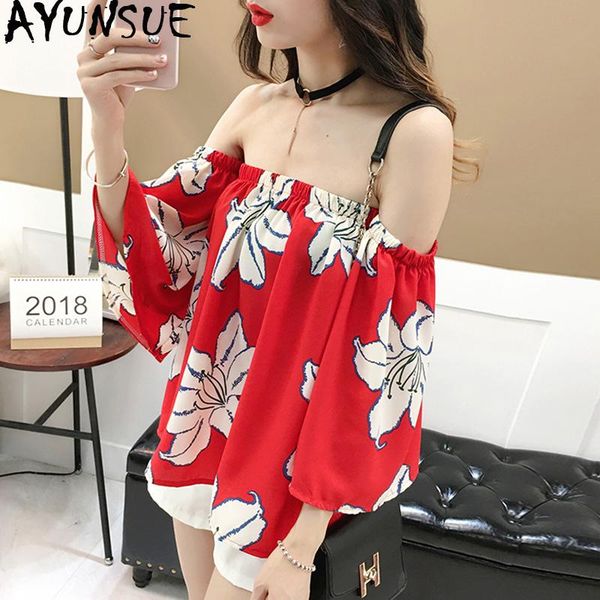 

ayusnue summer chiffon blouse women off shoulder shirt floral korean womens and blouses camisas mujer 2021 kj1893, White