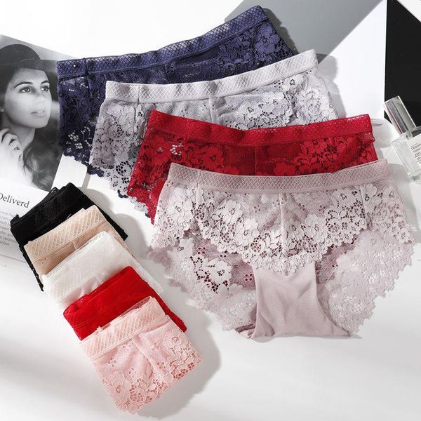 

women's panties women lace transparent mesh openwork ladies no trace low waist underwear solid color embroidery briefs, Black;pink