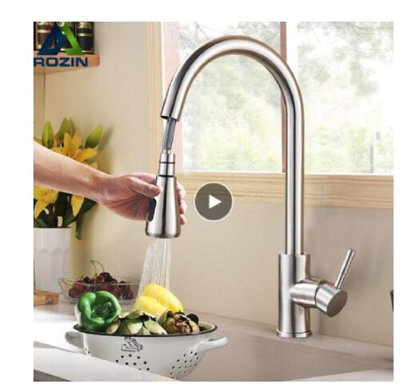 

brushed nickel kitchen faucet single hole pull out spout kitchen sink mixer tap stream sprayer head chrome/black mixer tap