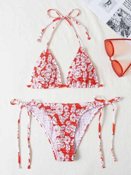 

floral pattern smocked halter bikini swimsuit v902#, White;black