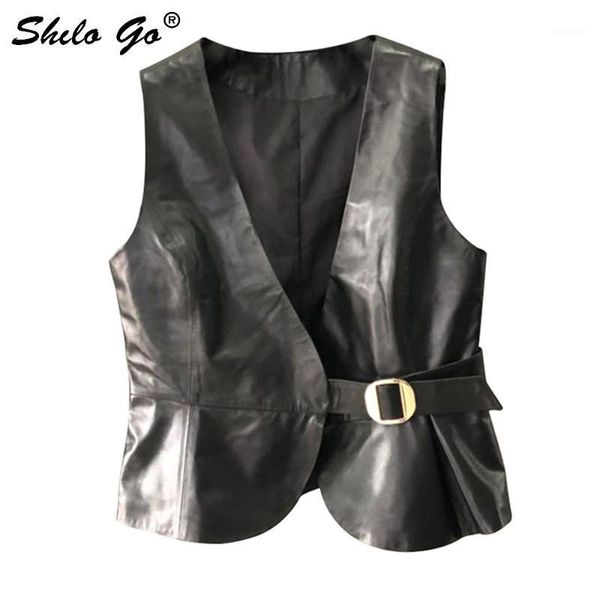 

shilo go leather vest womens spring fashion sheepskin genuine leather vest v neck metal belt office lady asymmetrical1, Black;white