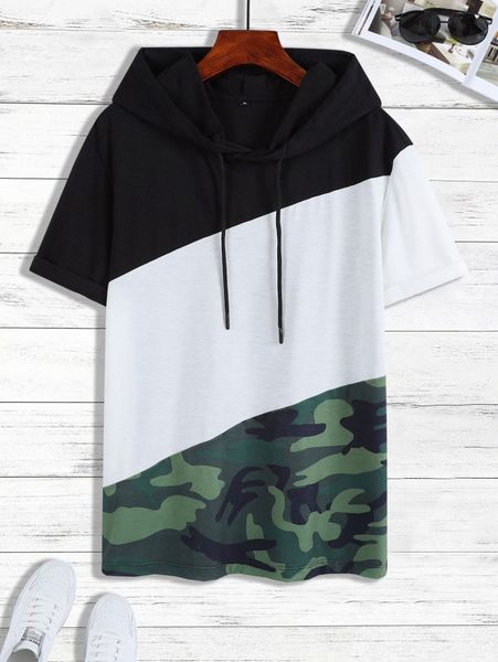 

men random camo print color block drawstring hooded tee s3xo#, White;black