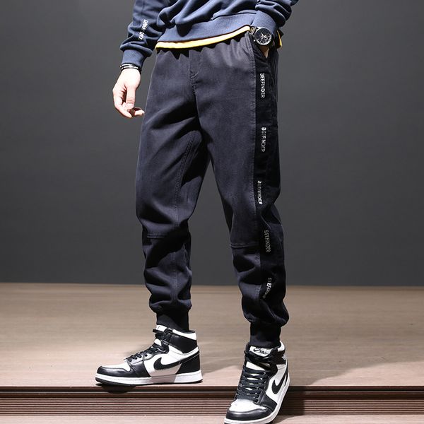 

2021 new japanese vintage fashion men jeans loose fit spliced designer cargo pants streetwear hip hop joggers wide leg harem trousers 5naa, Blue