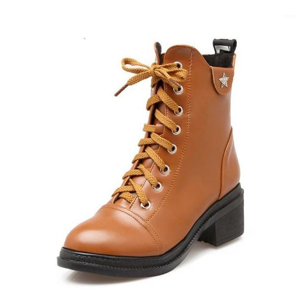 

boots lace-up winter shoes woman thick heels women solid ankle fashion bota feminina xkd 20031, Black