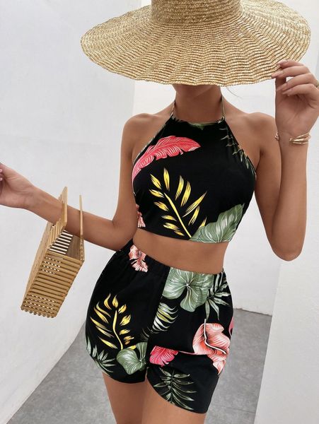 

tropical print tie backless crop halter & shorts l7rs#, White