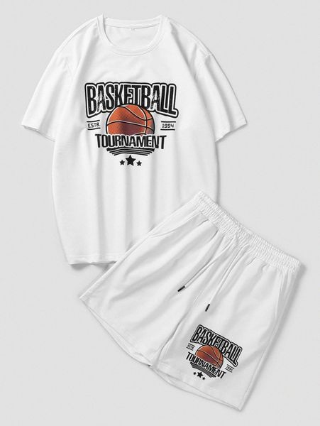 

men basketball & letter graphic tee & drawstring waist shorts p0n0#, Gray