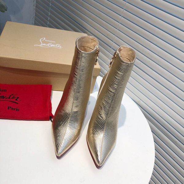 

designer womens boots luxury gold leather striped texture side zipper pointed high heel with box size 34-40, Black