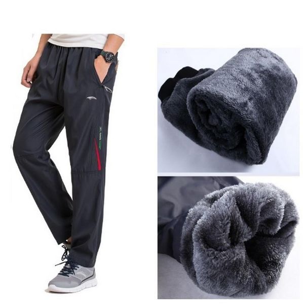 

winter fleece pants men 3xl super warm men's thicken pants velvet zipper outside heavyweight men's fleece trousers male joggers, Black