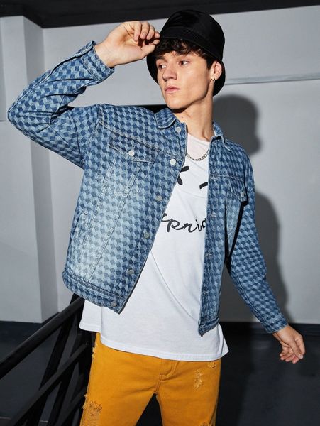 

men plaid flap detail trucker denim jacket a0by#, Blue