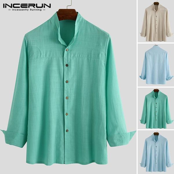 

incerun men casual long sleeve shirt cotton man solid color stand collar breathable men camisa japanese style shirts streetwear1, White;black