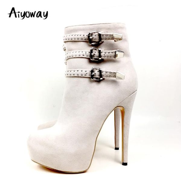 

aiyoway women ankle boots autumn winter platform high heel dress booties zip up ankle buckle studs straps beige faux suede, Black