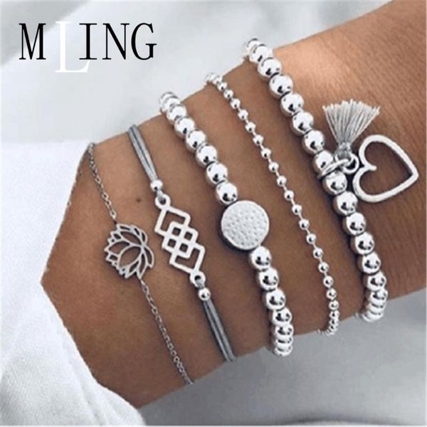 

charm bracelets mling 5 pcs/set vintage lotus heart tassel pendant bracelet set beads geometric square jewelry for women, Golden;silver