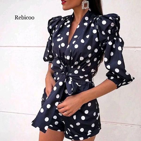 

chic women polka dot print fashion black playsuits summer vintage long sleeve high waist with belt short jumpsuit femme, Black;white