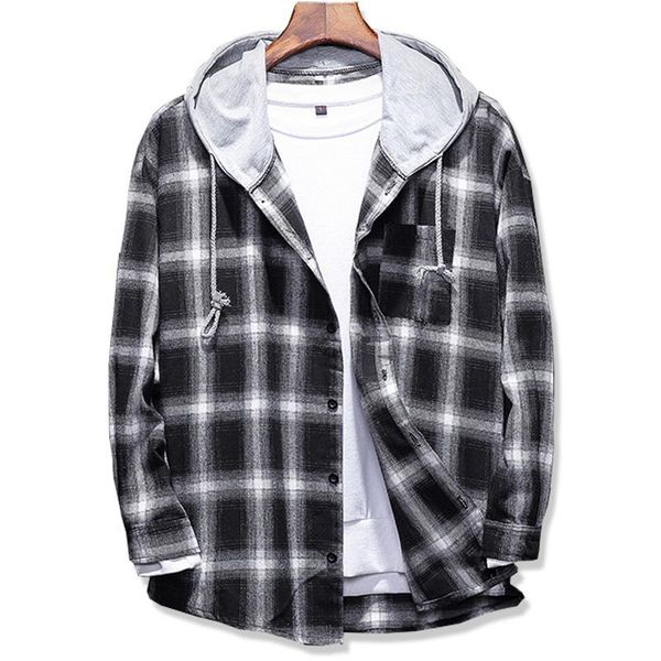 

2021 spring autumn men's slim fit men long sleeve hooded shirt men plaid shirt male casual large size 5xl, White;black