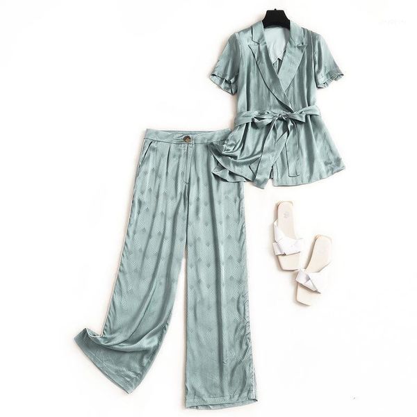 

women short sleeve blazer suit summer 2020 sashes slim blazers and wide leg pants elegant two piece outfits blue1, White