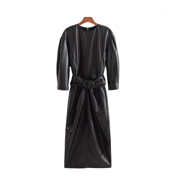 

streetwear women black faux leather dress 2020 fashion ladies sashes dresses elegant female long dress chic girl vestidos1, Black;gray
