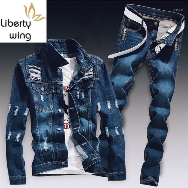 

spring mens denim two piece set hole ripped slim fit jacket jeans sets male casual vintage ropa hombre cargo suit streetwear1, Gray