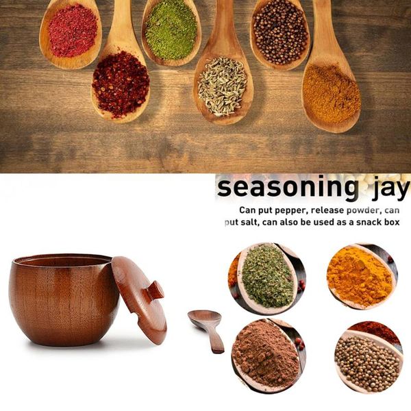 

storage bottles & jars seasoning pot salt with spoon lid restaurant solid wood space saving home easy clean retro sugar dustproof spice jar
