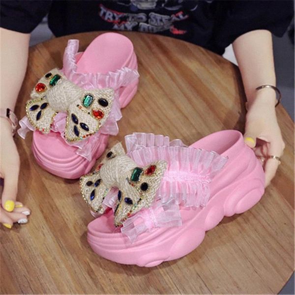 

summer women 9cm wedge platform sandals fashion crystal butterfly-knot casual slippers sweet girl summer chunky beach slides #061n, Black