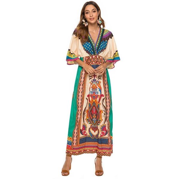 

bohemian print dress national wind beach skirt seaside holiday skirt, Black;pink