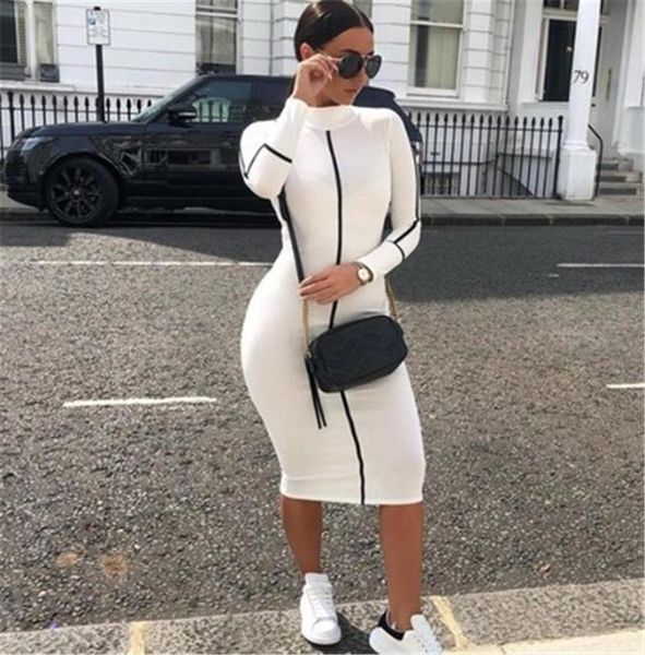 

ladies high neck skinny dress fashion trend long sleeve round neck women short skirt designer female autumn new casual slim dress, Black;gray
