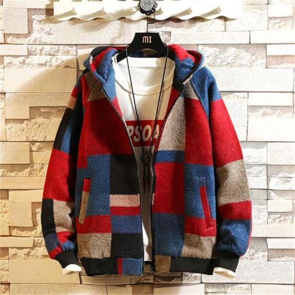 

men fashion retro casual tartan hooded woolen jacket 2019 autumn winter men streetwear wild loose overcoat clothes1, Black