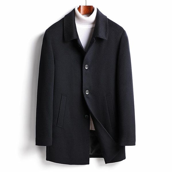 

/ winter 2020 men's lapel solid color medium length double faced ni coat middle age detachable down liner warm coat, Black