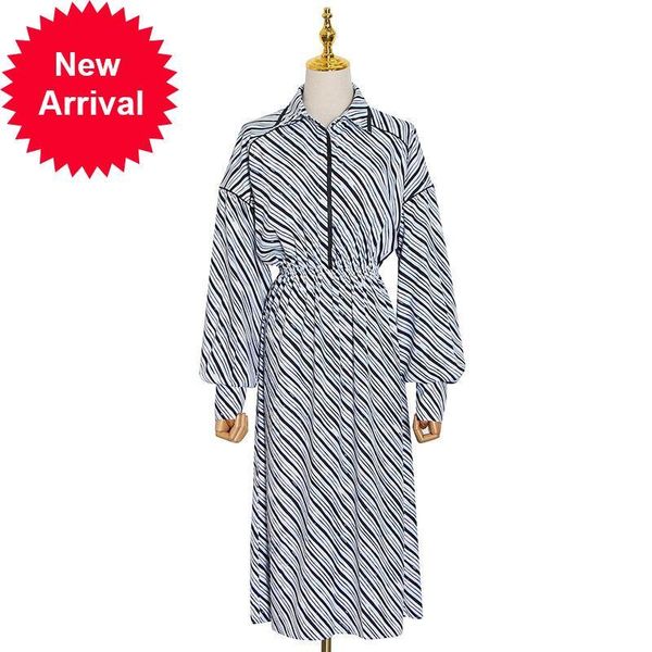 

2021 new women vintage fashion elegant luxury costumes design autumn striped lantrn fibre dress of long feast mquz, Black;gray