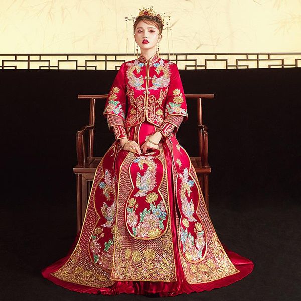 

ethnic clothing embroidery phoenix women bride wedding dress satin vintage button cheongsam oriental classic tang suit vestidos, Red