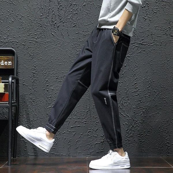 

нью-мужская одежда осень брюки мужчины streetwear плюс размер свободный сплошные ноги цвет хлопок tie all-сопрягать повседневные брюки комби, Black