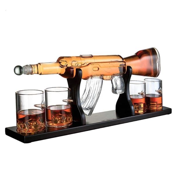 

1000ml luxury large creative rifle gun whiskey decanter set with wooden base