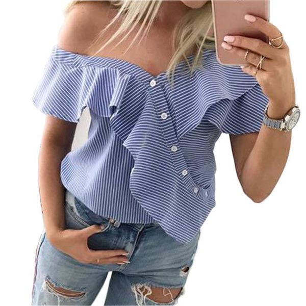 

2021 summer spring new fashion women ladies off shoulder blouse casual butterfly sleeve shirts loose striped button, White