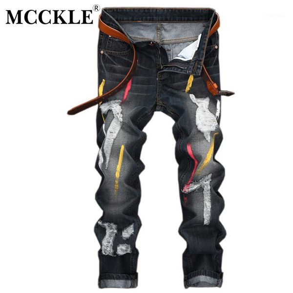 

wholesale- mcckle mens vintage slim jeans pants fashion distressed skinny denim motorcycle trousers hip hop streetwear paint ripped jeans1, Blue